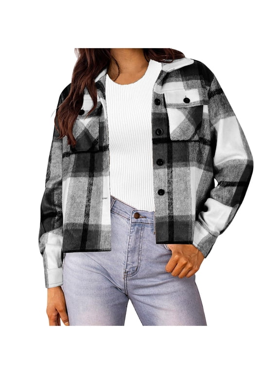 Women's Plaid Shacket Flannel Jacket Button Down Long Sleeve Oversized Shirt Coat with Pockets Casual Fall Winter Outerwear Trendy Fashion Clothes for Daily Wear Warm Cozy Layering