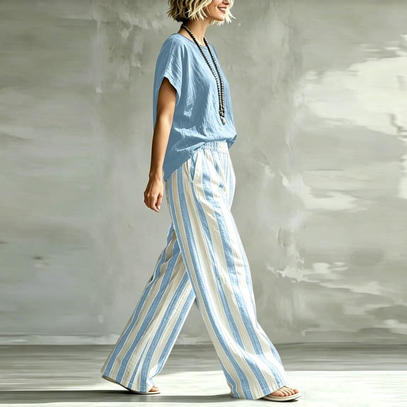 Costeam Womens 2 Piece Casual Outfit Set Solid Short Sleeve Crew Neck Top Striped Loose Full Length Pants Dual Side Pockets Elastic Waist Relaxed Fit Daily Matching Co Ord