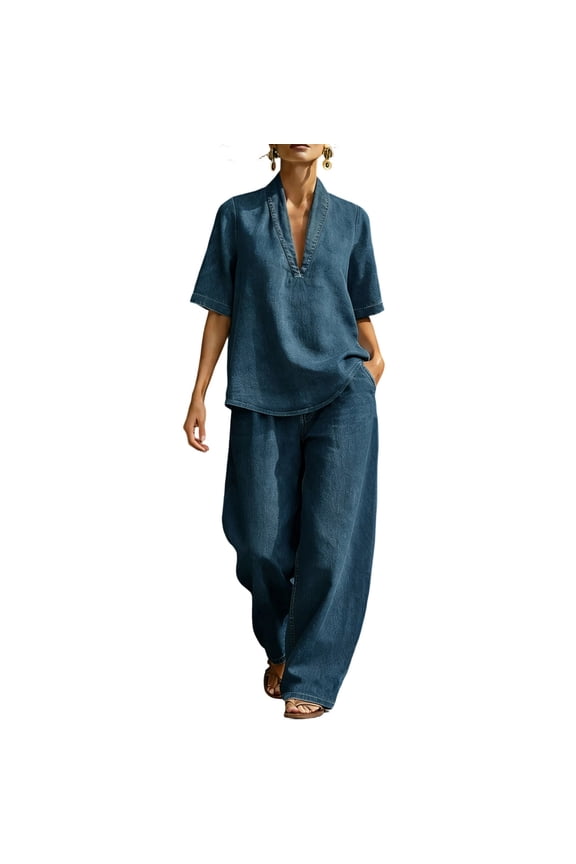 Womens 2 Piece Denim Outfit Set Short Sleeve Crew Neck Top And Full Length Denim Pants With Side Pockets Regular Elastic Waist Casual Matching Suit