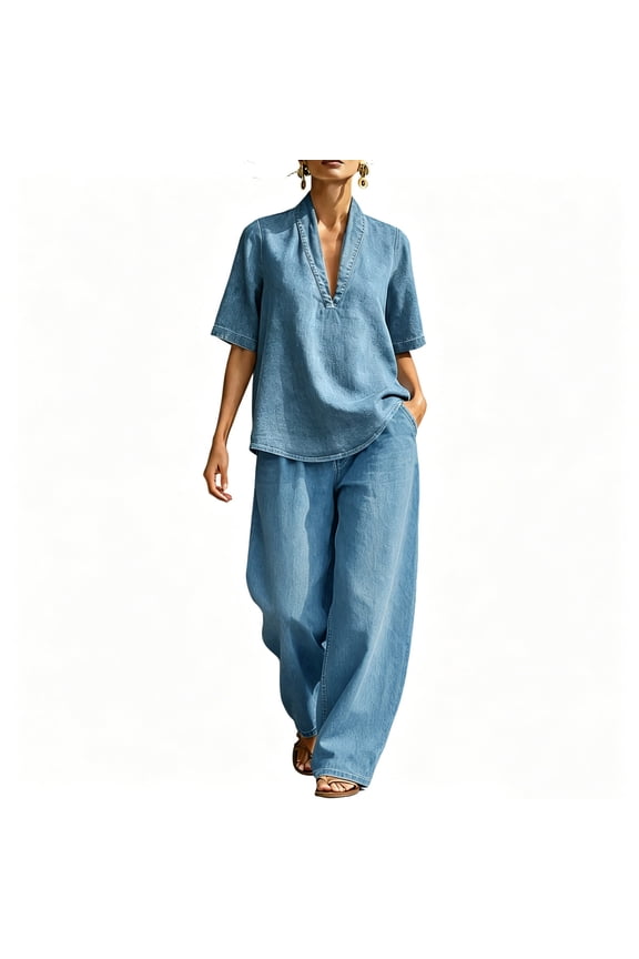 Womens 2 Piece Denim Outfit Set Short Sleeve Crew Neck Top And Full Length Denim Pants With Side Pockets Regular Elastic Waist Casual Matching Suit