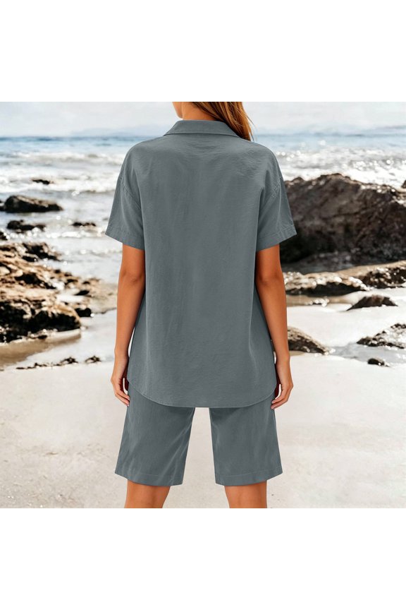 Womens 2 Piece Linen Blend Co Ord Set Notch Collar Button V Neck Short Sleeve Top Dual Side Pockets Elastic Waist Shorts Solid Color Summer Two Piece Outfit