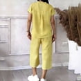 thumbnail image 1 of Costeam Womens 2 Piece Linen Matching Outfit Short Sleeve V Neck Button Down Top Side Patch Pocket Drawstring Elastic High Waist Capri Wide Leg Pants Lightweight Loose Casual Set, 1 of 5