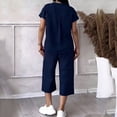 thumbnail image 1 of Costeam Womens 2 Piece Linen Matching Outfit Short Sleeve V Neck Button Down Top Side Patch Pocket Drawstring Elastic High Waist Capri Wide Leg Pants Lightweight Loose Casual Set, 1 of 6