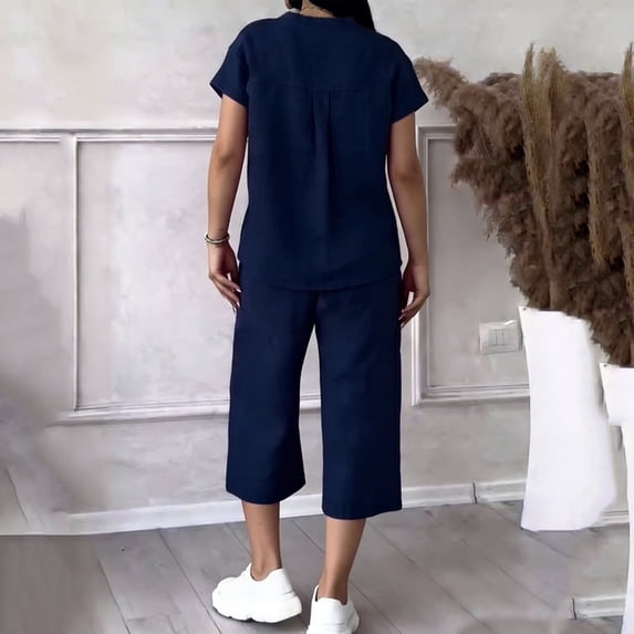 Costeam Womens 2 Piece Linen Matching Outfit Short Sleeve V Neck Button Down Top Side Patch Pocket Drawstring Elastic High Waist Capri Wide Leg Pants Lightweight Loose Casual Set