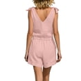 thumbnail image 1 of Costeam Womens 2 Piece Linen Matching Set Tie Shoulder Sleeveless V Neck Button Top Rolled Hem Bermuda Shorts with Side Pockets Lightweight Breathable Relaxed Fit Summer Outfit, 1 of 6