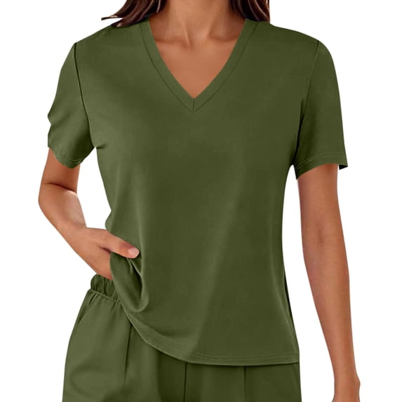 Costeam Womens 2 Piece Lounge Set V Neck Short Sleeve Top Elastic Waist Shorts with Side Pockets Soft Comfy Relaxed Fit Loungewear Lightweight Breathable Sleepwear Pajamas