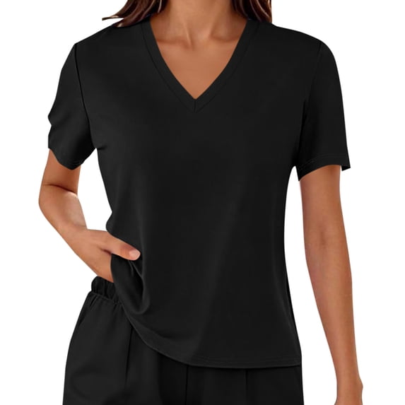 Costeam Womens 2 Piece Lounge Set V Neck Short Sleeve Top Elastic Waist Shorts with Side Pockets Soft Comfy Relaxed Fit Loungewear Lightweight Breathable Sleepwear Pajamas