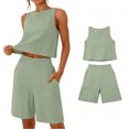 thumbnail image 1 of Costeam Womens 2 Piece Matching Outfit Sleeveless Crew Neck Cropped Top Elastic High Waist Bermuda Shorts with Side Pockets Lightweight Soft Breathable Relaxed Fit Summer Loungewear Set, 1 of 6
