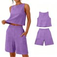 thumbnail image 1 of Costeam Womens 2 Piece Matching Outfit Sleeveless Crew Neck Cropped Top Elastic High Waist Bermuda Shorts with Side Pockets Lightweight Soft Breathable Relaxed Fit Summer Loungewear Set, 1 of 6