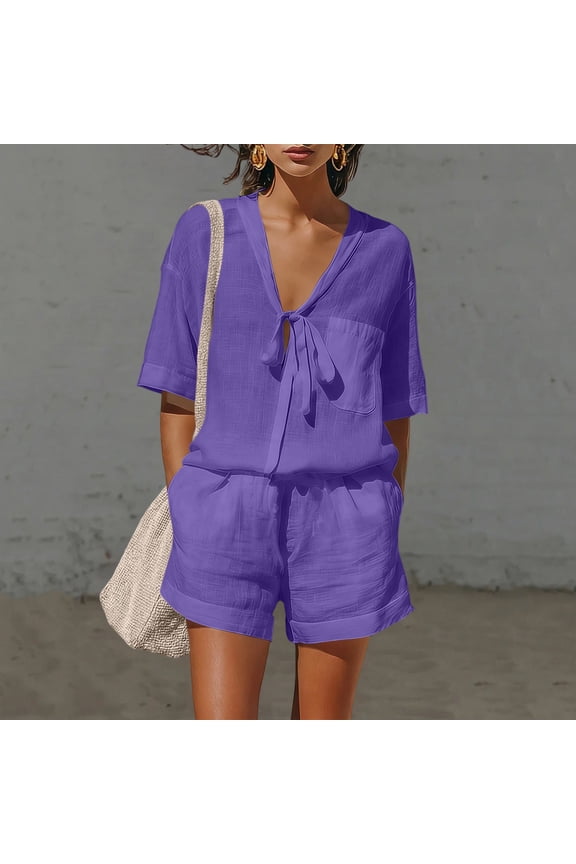 Womens 2 Piece Outfit Set Round Neck Sleeveless Blouse and Loose Pocket Pants Lightweight Airy Fabric Side Pockets Elastic Waist Loose Relaxed Fit Daily Casual Matching Suit