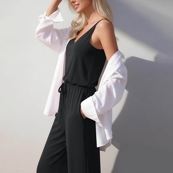 Costeam Womens 2 Piece Spaghetti Strap Matching Outfit V Neck Sleeveless Cami Top Drawstring Elastic High Waist Wide Leg Pants Side Slip Pockets Soft Stretch Knit Loose Casual Loungewear Set