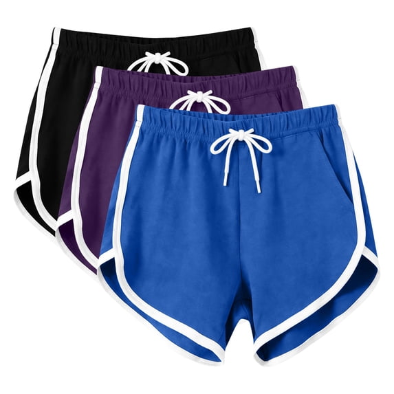 Costeam Womens 3 Piece Retro Sporty Color Block Trim Athletic Shorts Dolphin Hem Casual Active Shorts with Side Pockets Drawstring Elastic Waist Lightweight Breathable Fabric
