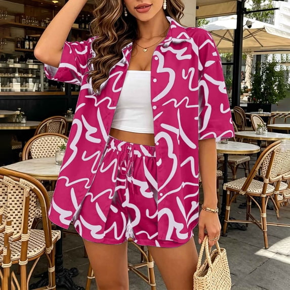 Costeam Womens Abstract Print Two Piece Beach Set Short Sleeve Button Down Shirt and Drawstring Waist Shorts Lightweight Flowey Fabric Side Pockets Relaxed Loose Fit Summer Casual Outfit