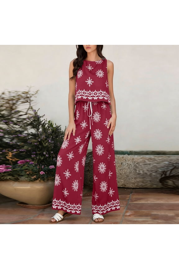 Womens Allover Floral Print Two Piece Outfit Cropped Sleeveless Top And Drawstring Waist Wide Leg Pants Hidden Side Pockets Lightweight Woven Fabric Loose Fit Casual Co Ord Matching Set