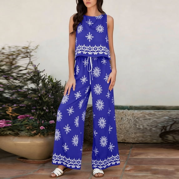 Costeam Womens Allover Floral Print Two Piece Outfit Cropped Sleeveless Top And Drawstring Waist Wide Leg Pants Hidden Side Pockets Lightweight Woven Fabric Loose Fit Casual Co Ord Matching Set
