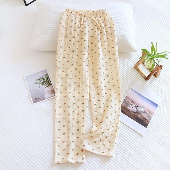 Costeam Womens Allover Heart Print Crinkled Gauze Wide Leg Pajama Pants Side Inset Hand Pockets Self Tie Drawstring Elastic High Waist Loose Fit Breathable Trouser Bottoms