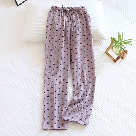 Costeam Womens Allover Heart Print Crinkled Gauze Wide Leg Pajama Pants Side Inset Hand Pockets Self Tie Drawstring Elastic High Waist Loose Fit Breathable Trouser Bottoms