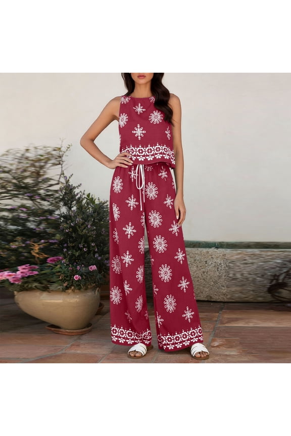 Womens Allover Print 2 Piece Outfit Sleeveless Crew Neck Top Loose Wide Leg Long Pants Dual Side Hand Pockets Elastic Waist Casual Daily Matching Co Ord Set