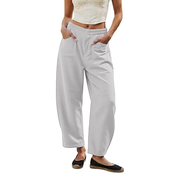 Costeam Womens Barrel Cropped Cargo Pants Double Knee Stitch Detail Side Slip Pockets Full Drawstring Elastic High Waist Lightweight Loose Ankle Length Utility Casual Trousers
