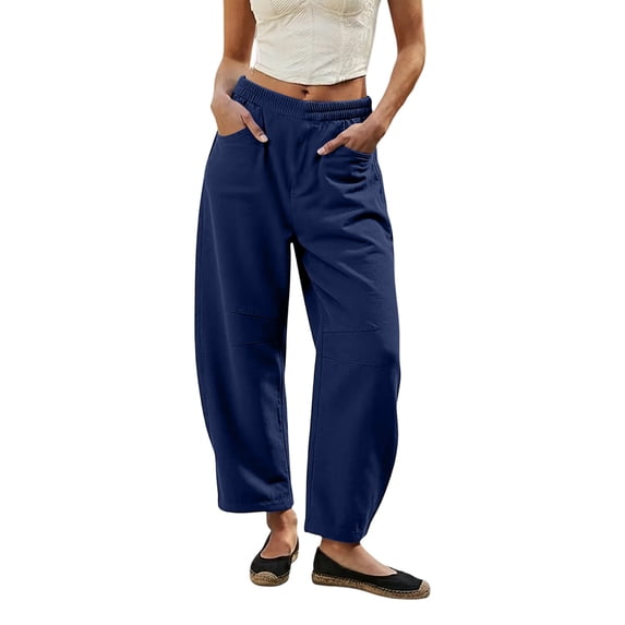 Costeam Womens Barrel Cropped Cargo Pants Double Knee Stitch Detail Side Slip Pockets Full Drawstring Elastic High Waist Lightweight Loose Ankle Length Utility Casual Trousers