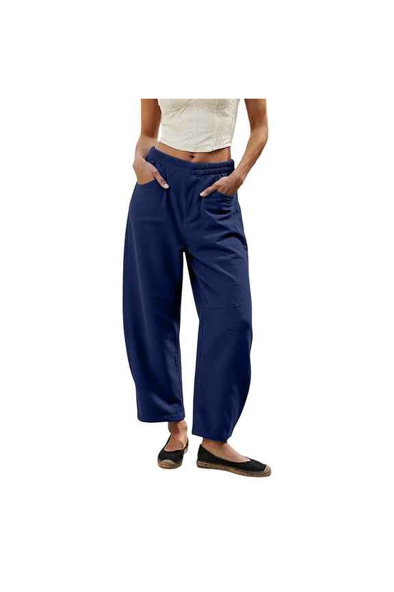 Womens Barrel Cropped Cargo Pants Double Knee Stitch Detail Side Slip Pockets Full Drawstring Elastic High Waist Lightweight Loose Ankle Length Utility Casual Trousers