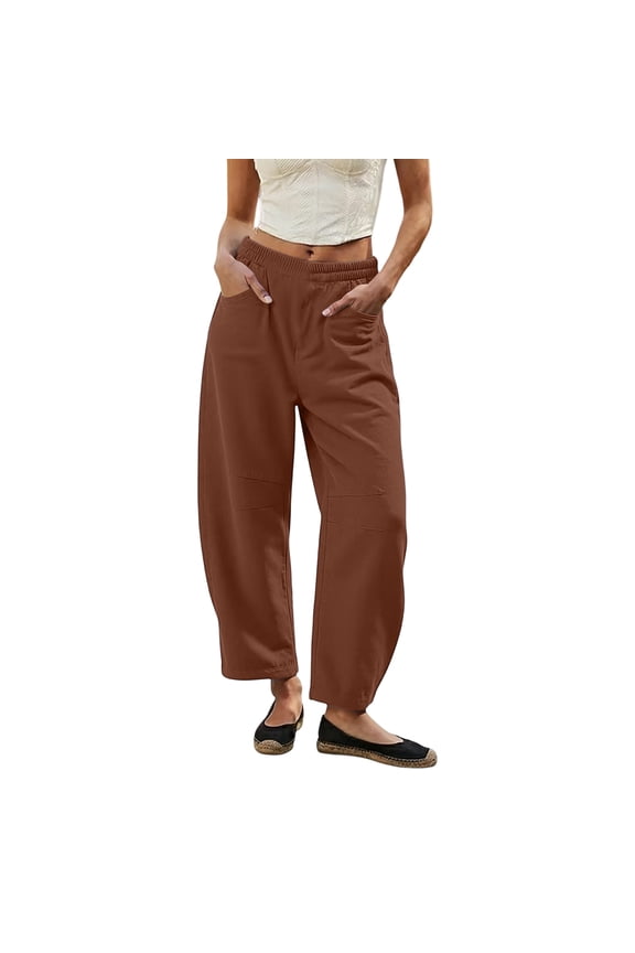 Womens Barrel Cropped Cargo Pants Double Knee Stitch Detail Side Slip Pockets Full Drawstring Elastic High Waist Lightweight Loose Ankle Length Utility Casual Trousers