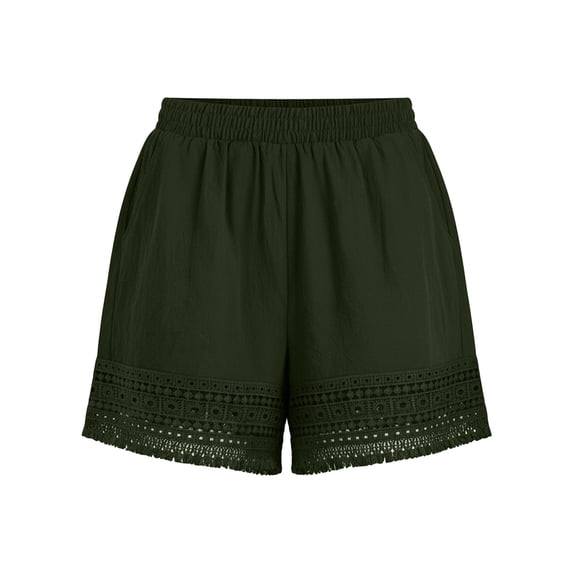 Costeam Womens Bermuda Shorts All Over Eyelet Lace Fringe Hem Full Elastic Pull On Waist with Side Slip Pockets Loose Straight Knee Length Lightweight Soft Breathable Relaxed Fit