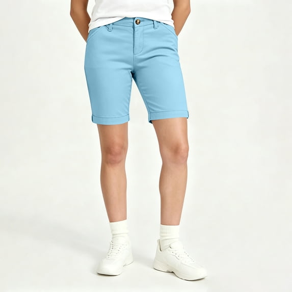 Costeam Womens Bermuda Shorts Solid Color Stretch Twill High Elastic Fit with Deep Side Pockets Elastic Back Waist Knee Length Soft Durable Chino Hiking Walking Shorts