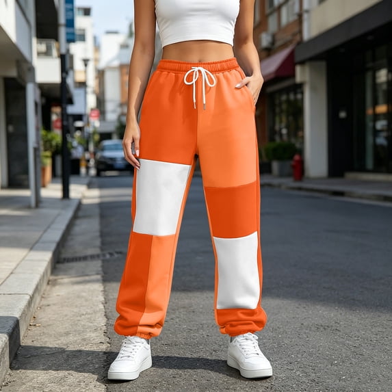 Costeam Womens Block Color Patchwork Jogger Sweatpants Elastic Drawstring Waist Tapered Jogging Pants Soft Warm Knit Casual Bottoms with Side Pockets Contrast Panel Fall Winter Trousers