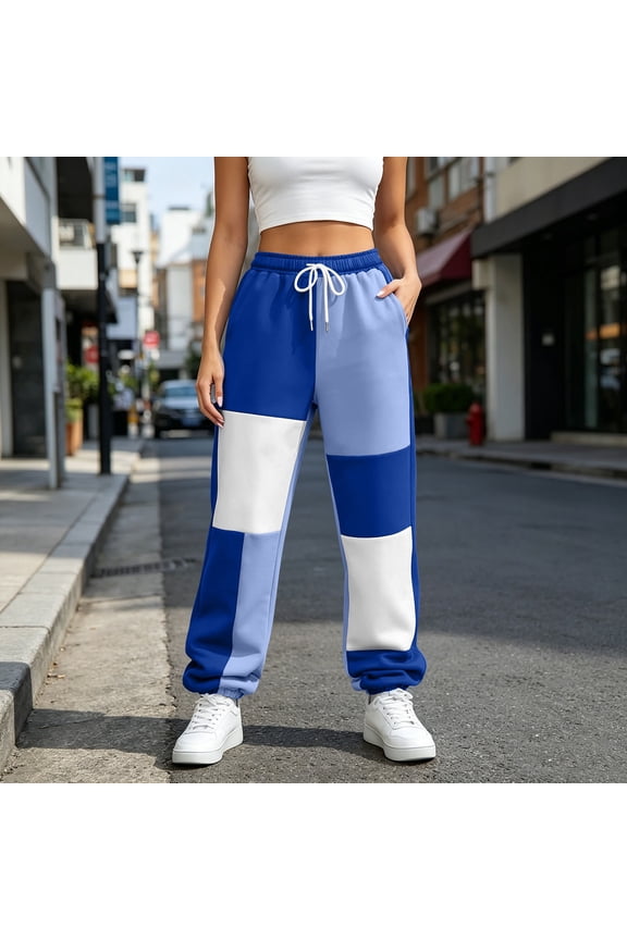 Womens Block Color Patchwork Jogger Sweatpants Elastic Drawstring Waist Tapered Jogging Pants Soft Warm Knit Casual Bottoms with Side Pockets Contrast Panel Fall Winter Trousers