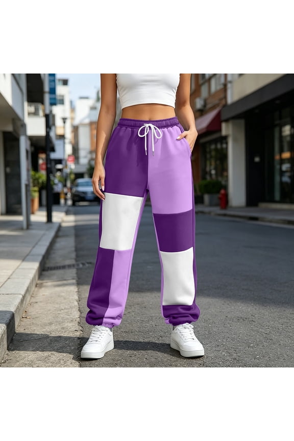 Womens Block Color Patchwork Jogger Sweatpants Elastic Drawstring Waist Tapered Jogging Pants Soft Warm Knit Casual Bottoms with Side Pockets Contrast Panel Fall Winter Trousers