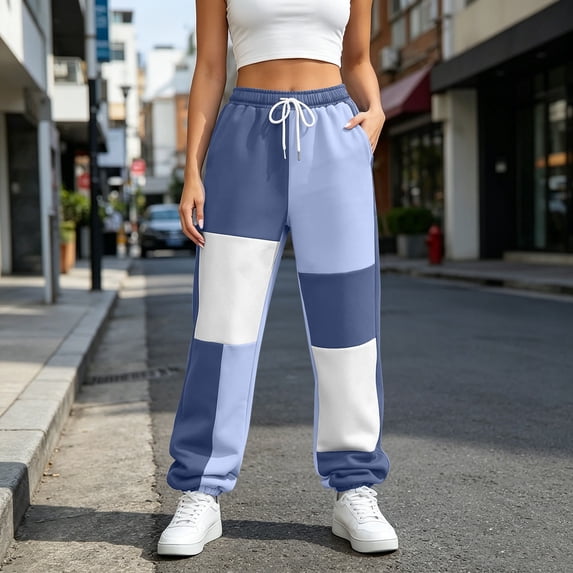 Costeam Womens Block Color Patchwork Jogger Sweatpants Elastic Drawstring Waist Tapered Jogging Pants Soft Warm Knit Casual Bottoms with Side Pockets Contrast Panel Fall Winter Trousers