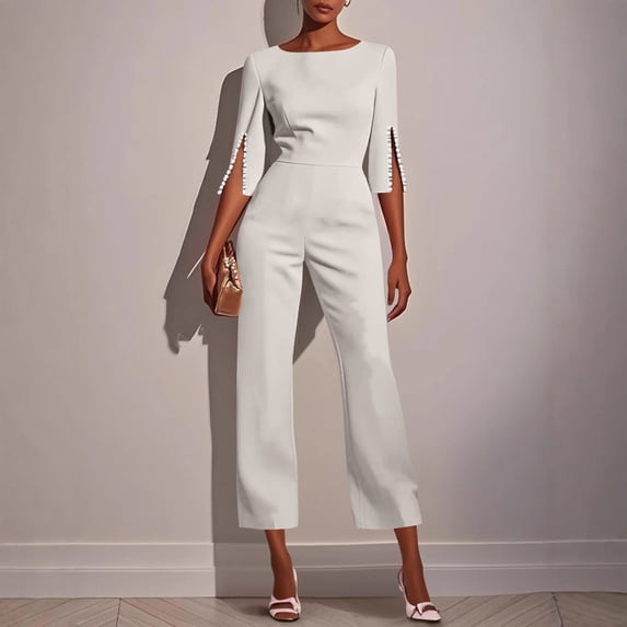 Costeam Womens Boat Neck Three Quarter Beaded Sleeve Jumpsuit No Pockets Fitted High Waist Cropped Wide Leg Solid Formal One Piece Romper