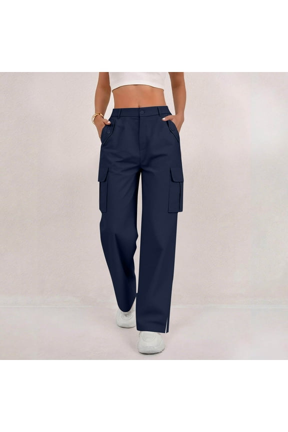 Womens Button Fly Mid Rise Cargo Pants Multi Flap Side Pockets Relax Wide Leg Solid Color Full Length Casual Workwear Trousers
