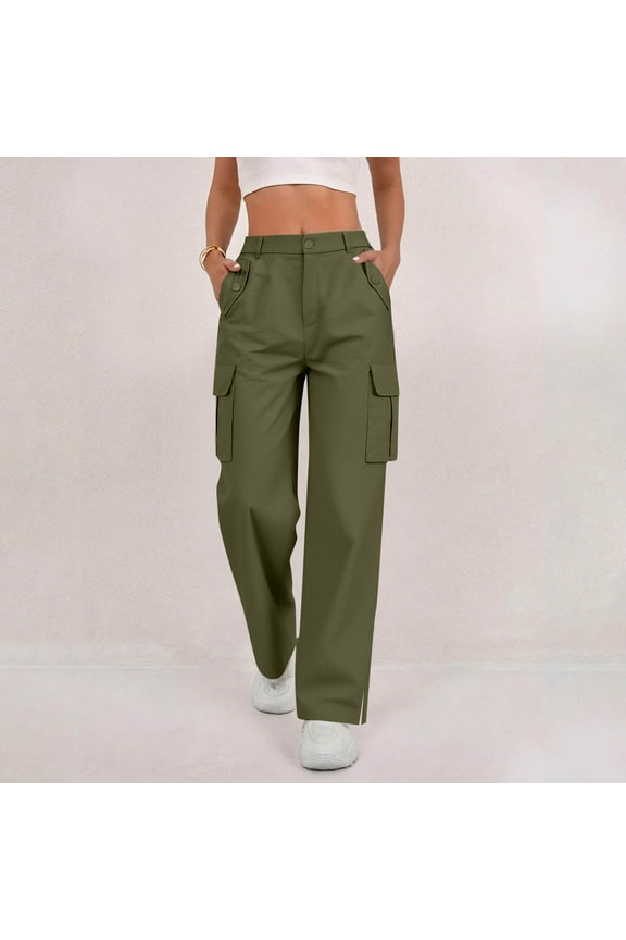 Womens Button Fly Mid Rise Cargo Pants Multi Flap Side Pockets Relax Wide Leg Solid Color Full Length Casual Workwear Trousers