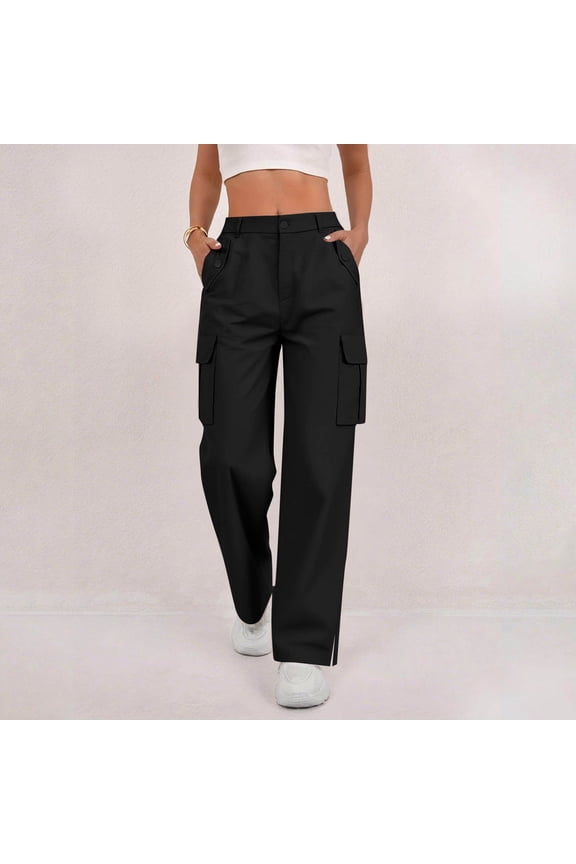 Womens Button Fly Mid Rise Cargo Pants Multi Flap Side Pockets Relax Wide Leg Solid Color Full Length Casual Workwear Trousers