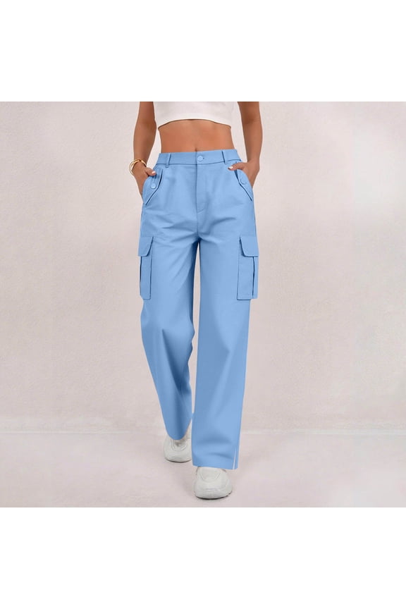 Womens Button Fly Mid Rise Cargo Pants Multi Flap Side Pockets Relax Wide Leg Solid Color Full Length Casual Workwear Trousers