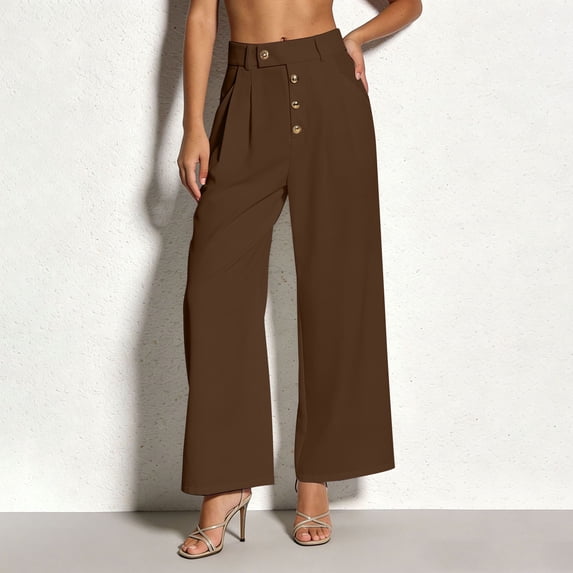Costeam Womens Button Front Pleated High Waist Wide Leg Dress Pants Dual Side Inset Hand Pockets Wrinkle Resistant Woven Relaxed Fit Office Casual Palazzo Trousers