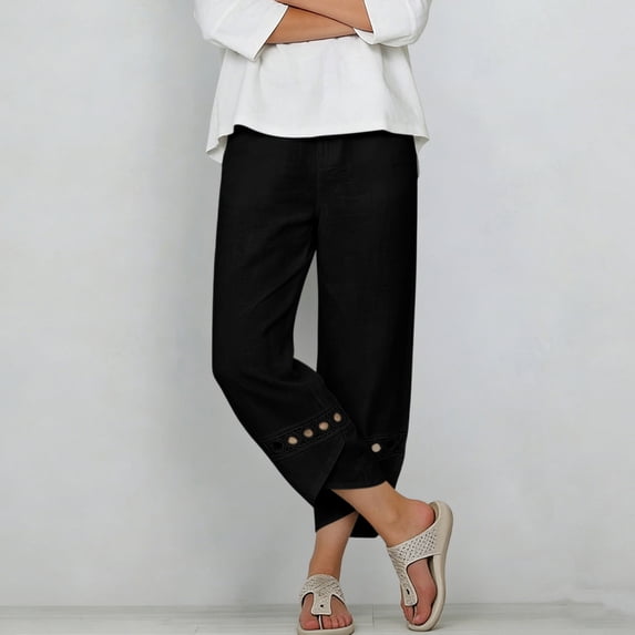 Costeam Womens Capri Pants Cotton Linen Blend Wide Leg with Side Pockets Mid Rise Relaxed Waist Lace Embroidery Split Cuff Cropped Trousers Lightweight Breathable Soft Casual Summer Bottoms