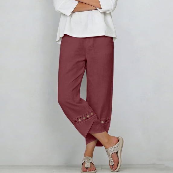 Costeam Womens Capri Pants Cotton Linen Blend Wide Leg with Side Pockets Mid Rise Relaxed Waist Lace Embroidery Split Cuff Cropped Trousers Lightweight Breathable Soft Casual Summer Bottoms