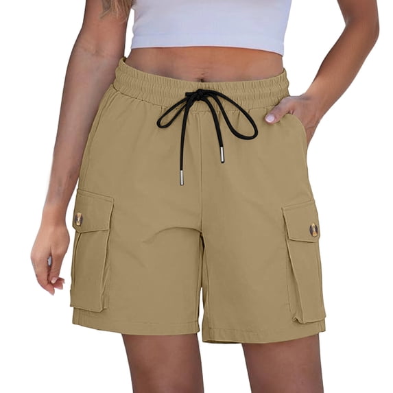 Costeam Womens Cargo Bermuda Shorts Lightweight Casual Summer Dual Button Flap Cargo Pockets Drawstring Elastic High Waist Loose Relaxed Mid Knee Walking Lounge Short Pants