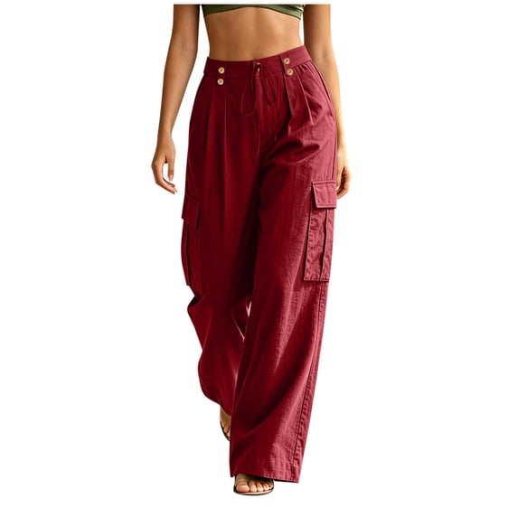 Costeam Womens Cargo Pants Cotton Linen Textured Multi Functional Pockets Relaxed Wide Leg Half Elastic Waist Button Zip Fly Loose Fit Casual Long Trousers