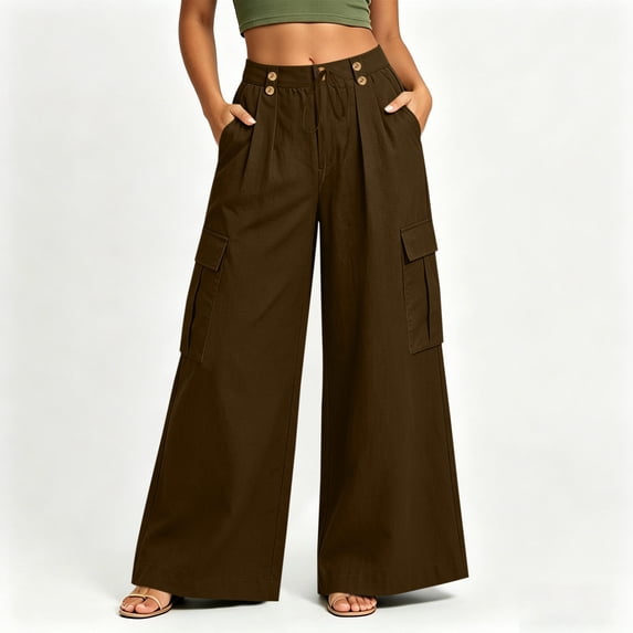 Costeam Womens Cargo Pants Cotton Linen Textured Multi Functional Pockets Relaxed Wide Leg Half Elastic Waist Button Zip Fly Loose Fit Casual Long Trousers