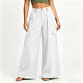 thumbnail image 1 of Costeam Womens Cargo Pants Cotton Linen Textured Multi Functional Pockets Relaxed Wide Leg Half Elastic Waist Button Zip Fly Loose Fit Casual Long Trousers, 1 of 8