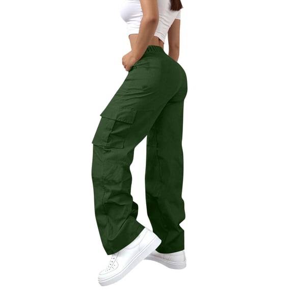 Costeam Womens Cargo Pants High Waisted Elastic Waist Button Closure with Multi Cargo Pockets Loose Fit Wide Leg Straight Casual Trousers Lightweight Durable Utility Baggy Long Pants