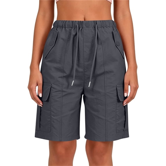 Costeam Womens Cargo Shorts Drawstring Elastic Waist Button Detail with Multi Pockets Loose Fit Knee Length Straight Leg Lightweight Durable Comfortable Utility Short Trousers