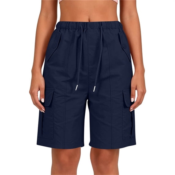 Costeam Womens Cargo Shorts Drawstring Elastic Waist Button Detail with Multi Pockets Loose Fit Knee Length Straight Leg Lightweight Durable Comfortable Utility Short Trousers