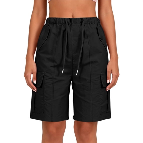 Costeam Womens Cargo Shorts Drawstring Elastic Waist Button Detail with Multi Pockets Loose Fit Knee Length Straight Leg Lightweight Durable Comfortable Utility Short Trousers