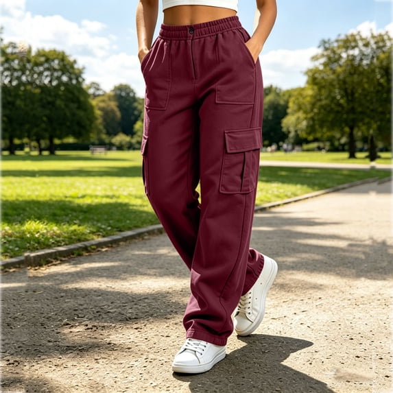 Costeam Womens Cargo Sweatpants Multi Flap Patch Pockets Button Elastic High Waist Loose Straight Solid Color Casual Streetwear Athletic Daily Trousers
