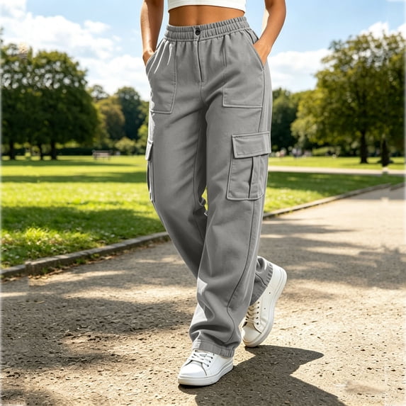Costeam Womens Cargo Sweatpants Multi Flap Patch Pockets Button Elastic High Waist Loose Straight Solid Color Casual Streetwear Athletic Daily Trousers
